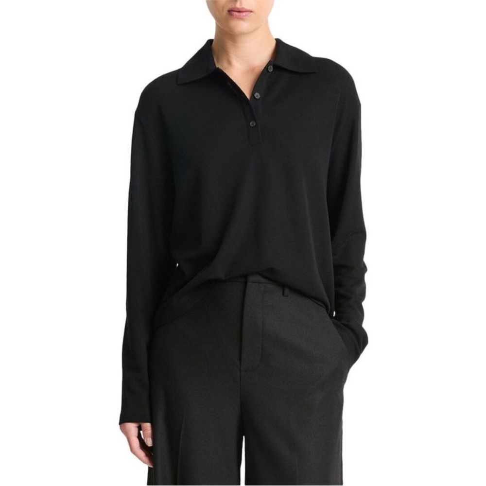 NWT Vince Relaxed Wool Long Sleeve Polo Collared Sweater in Black XS